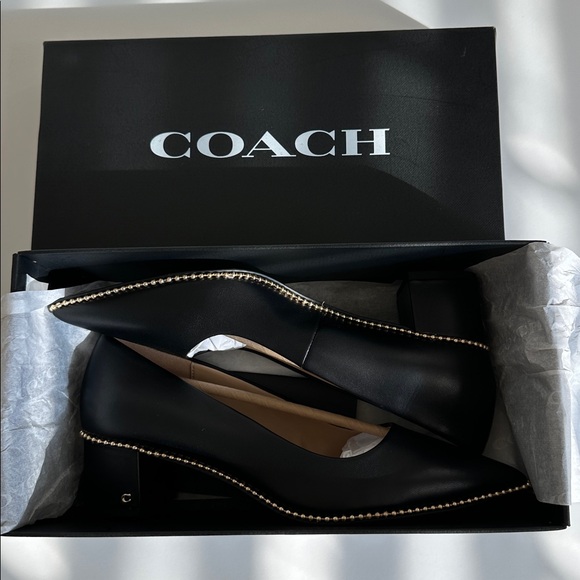 Coach Black Leather Pointed Low Heel Pump with Gold Bead Trim US Size 8B - Picture 2 of 16